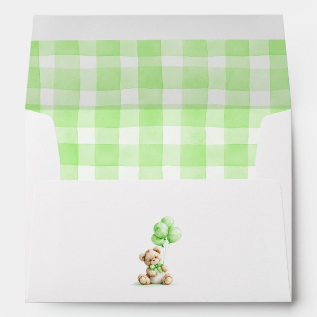 Teddy Bear Light Green Gingham Check Pattern Envelope (Back (Bottom))