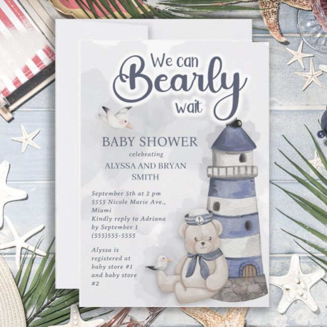 Teddy Bear Lighthouse Bearly Wait Baby Boy Shower  Invitation (Creator Uploaded)