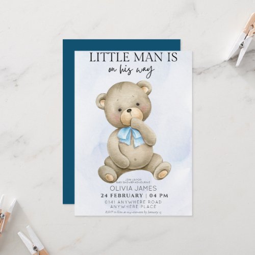 Teddy bear little man is on his way baby shower  invitation