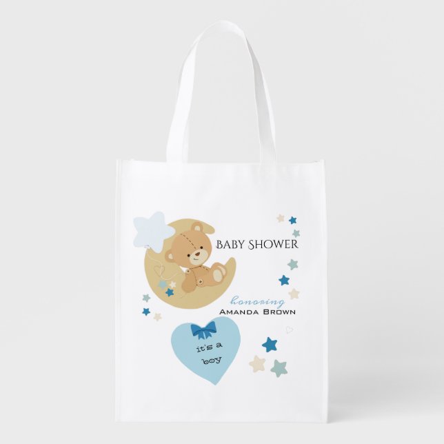Teddy Bear Love Baby Boy Shower | Grocery Bag (Front)