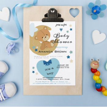 Teddy Bear Love Baby Boy Shower Invitation Postcard by LifeInColorStudio at Zazzle