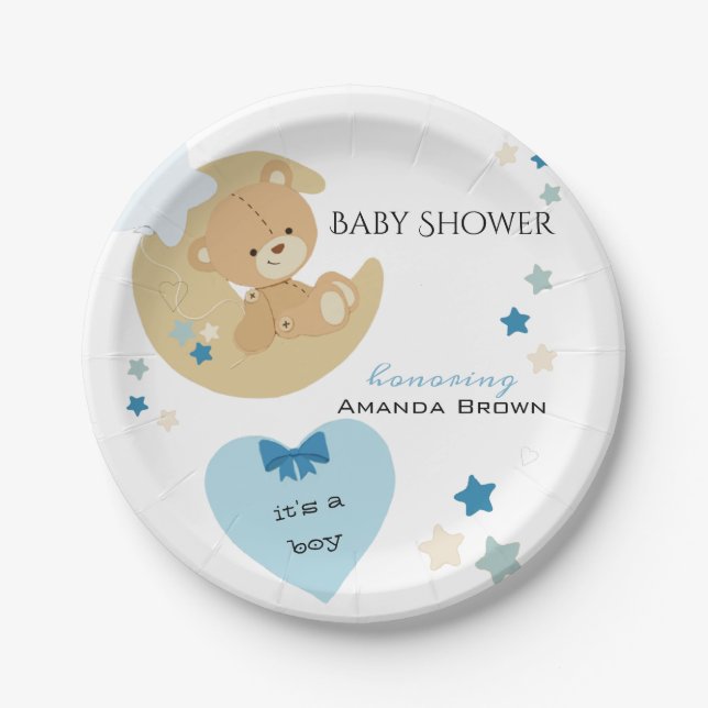 Teddy Bear Love Baby Boy Shower | Paper Plates (Front)