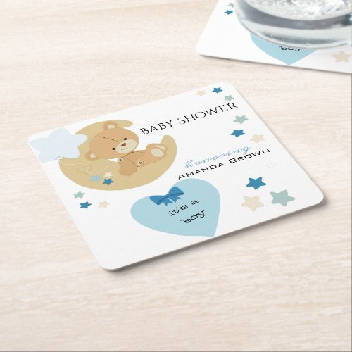 Teddy Bear Love Baby Boy Shower  Square Paper Coaster