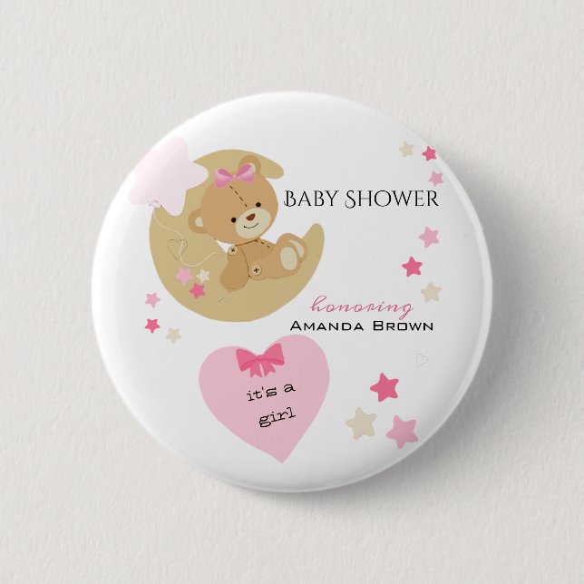 Teddy Bear Love Baby Girl Shower Button (Front)