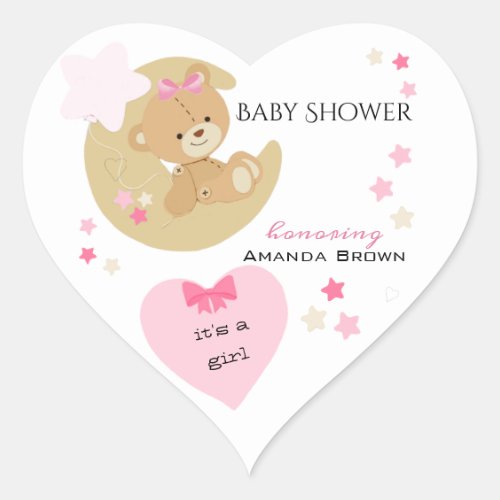 Teddy Bear Love Baby Girl Shower Heart Sticker