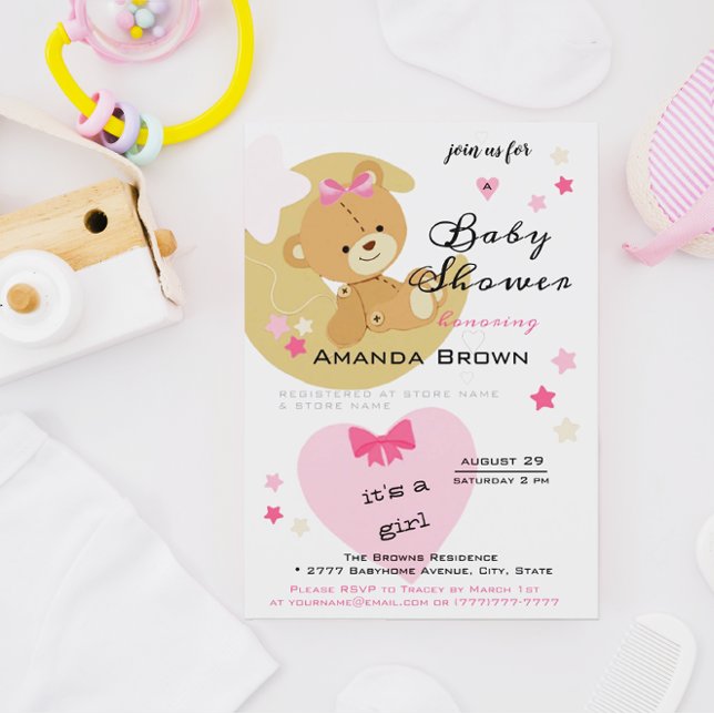Teddy Bear Love Baby Girl Shower Invitation (Creator Uploaded)