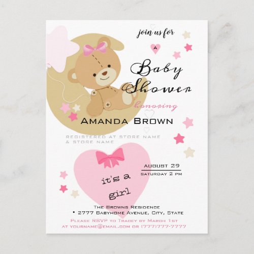 Teddy Bear Love Baby Girl Shower Invitation Postcard