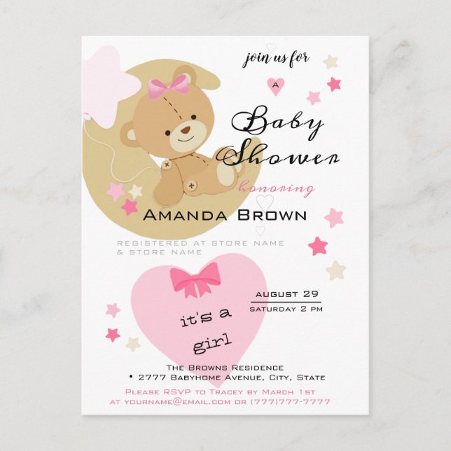 Teddy Bear Love Baby Girl Shower Invitation Postcard (Front)