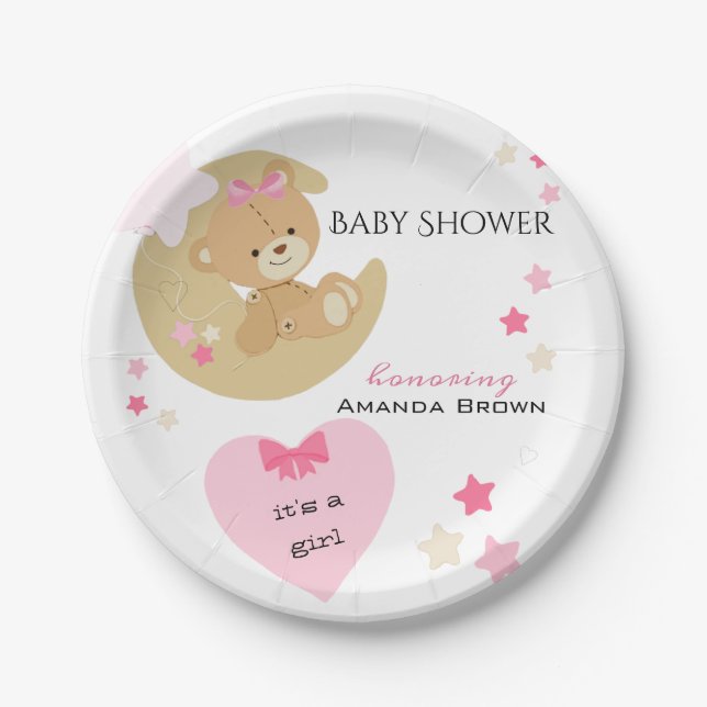 Teddy Bear Love Baby Girl Shower Paper Plates (Front)