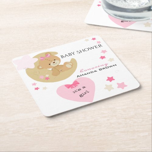 Teddy Bear Love Baby Girl Shower Square Paper Coaster