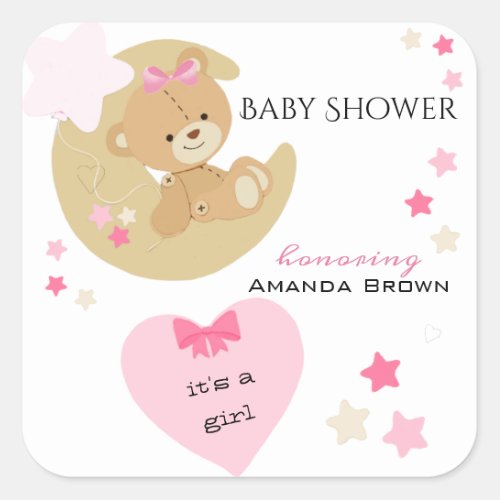 Teddy Bear Love Baby Girl Shower Square Sticker