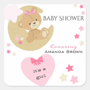 Teddy Bear Love Baby Girl Shower Square Sticker