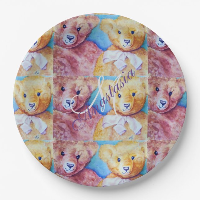 TEDDY BEAR LOVE MONOGRAM PARTY PAPER PLATES (Front)