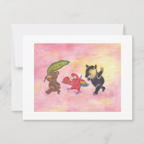 Teddy bear Macaw Tapir Friends Art Flat Note Card