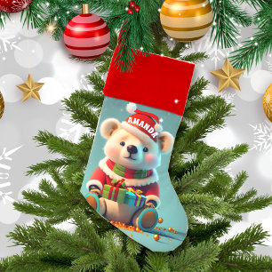 Teddy Bear Merry Christmas Personalized Kids Name Stocking
