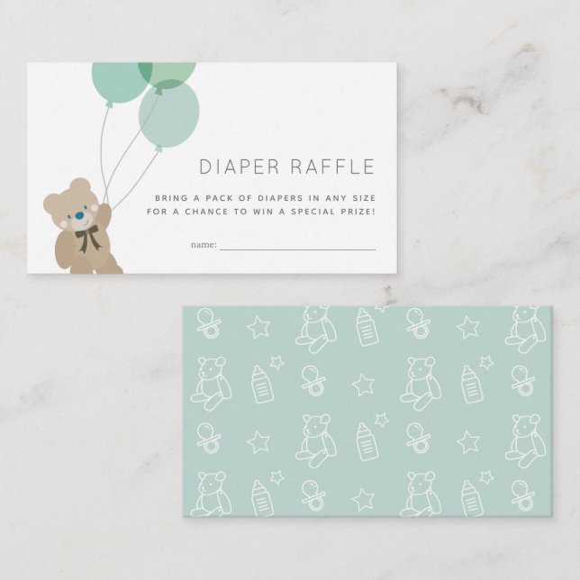 Teddy Bear Mint Baby Shower Diaper Raffle Ticekt Enclosure Card (Front/Back)