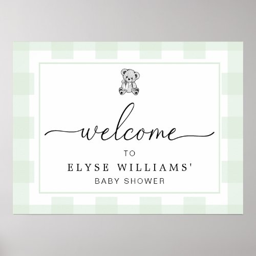 Teddy Bear Mint Green Gingham Welcome Sign Poster