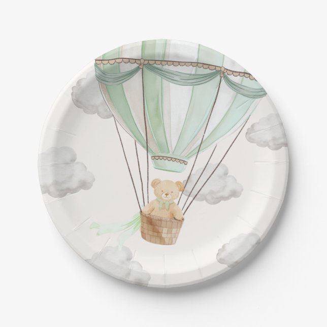 Teddy Bear Mint Green Hot Air Balloon Paper Plates (Front)