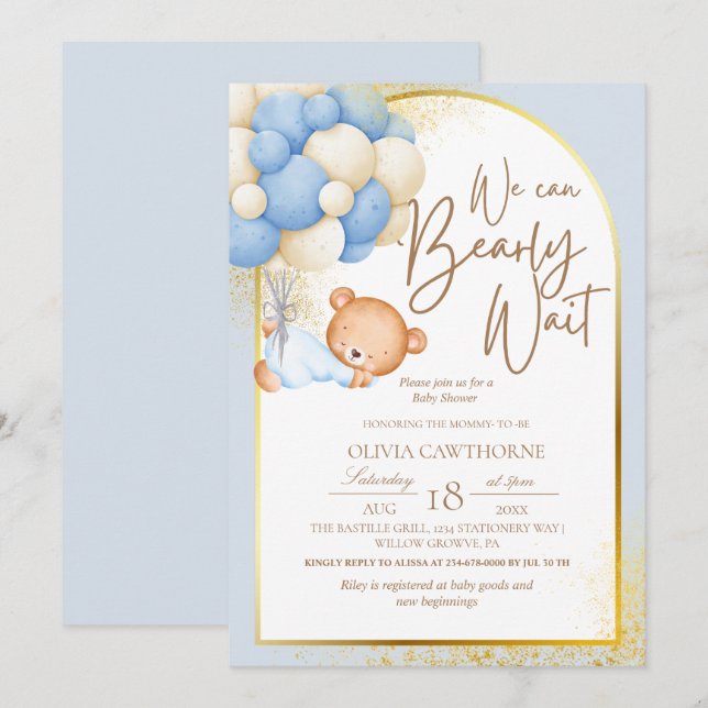 Teddy Bear Modern Blue Gold Baby Shower Invitation (Front/Back)