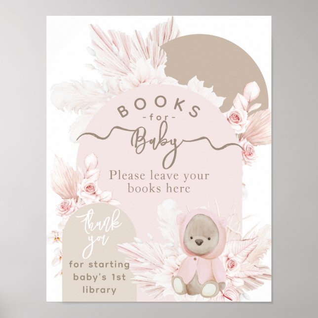 Teddy Bear Modern Boho Girl Baby Shower books Poster (Front)