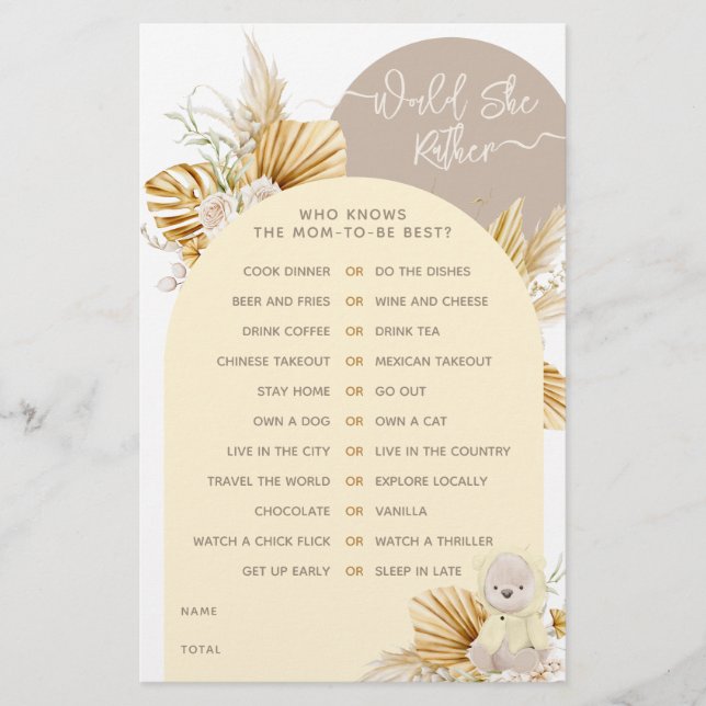 Teddy Bear Modern Boho Girl Baby Shower game (Front)