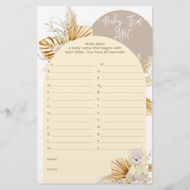 Teddy Bear Modern Boho Girl Baby Shower game (Front)