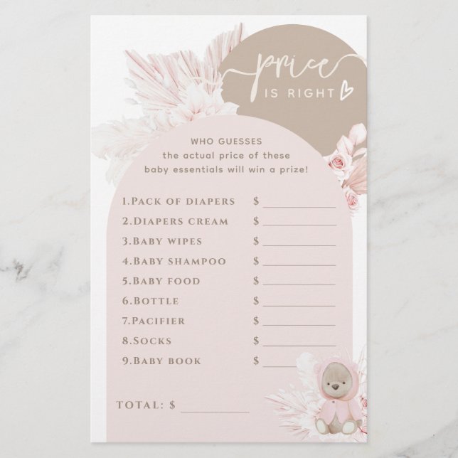 Teddy Bear Modern Boho Girl Baby Shower game (Front)