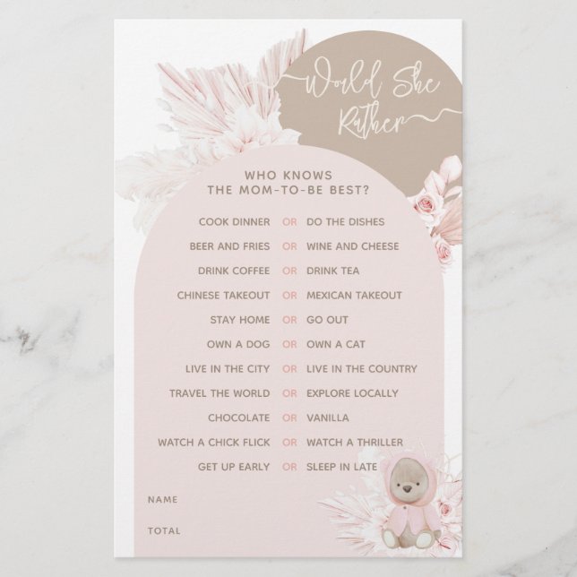 Teddy Bear Modern Boho Girl Baby Shower game (Front)