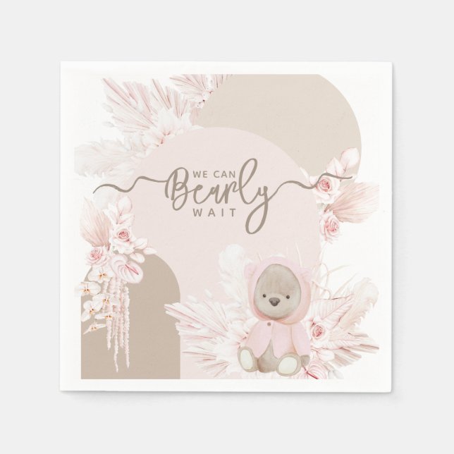 Teddy Bear Modern Boho Girl Baby Shower Napkins (Front)