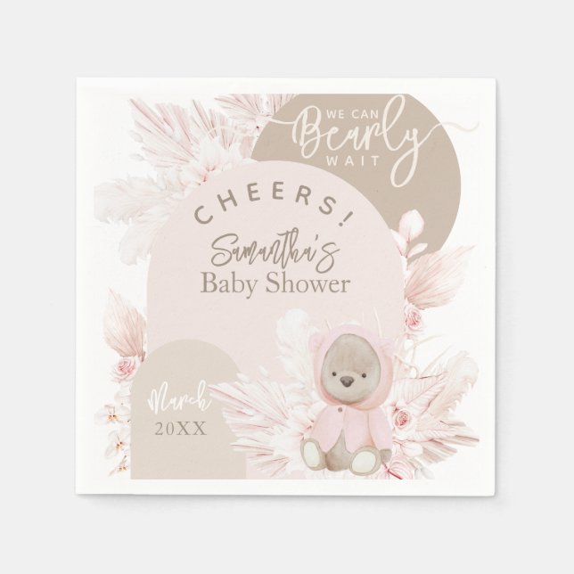 Teddy Bear Modern Boho Girl Baby Shower Napkins (Front)