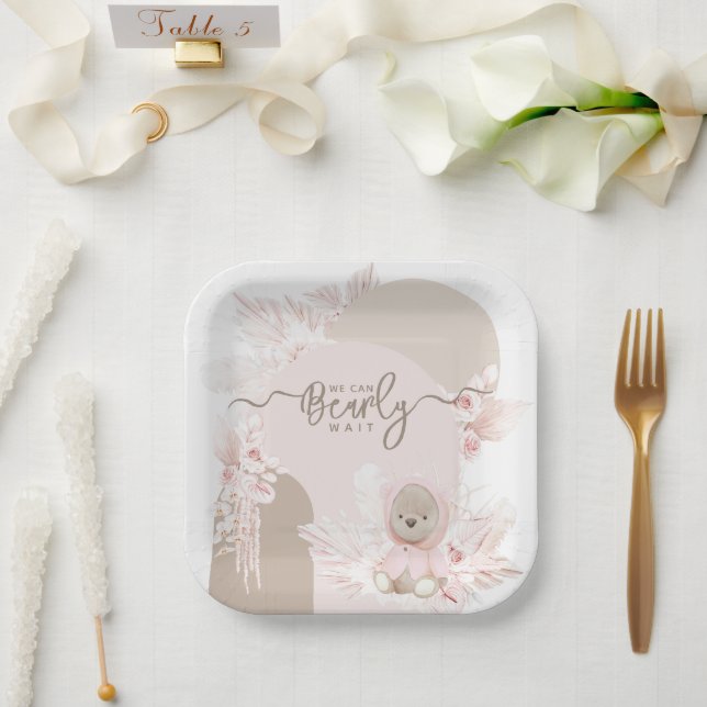 Teddy Bear Modern Boho Girl Baby Shower Paper Plates (Wedding)