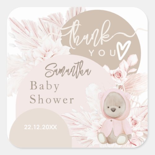 Teddy Bear Modern Boho Girl Baby Shower Thanks Square Sticker