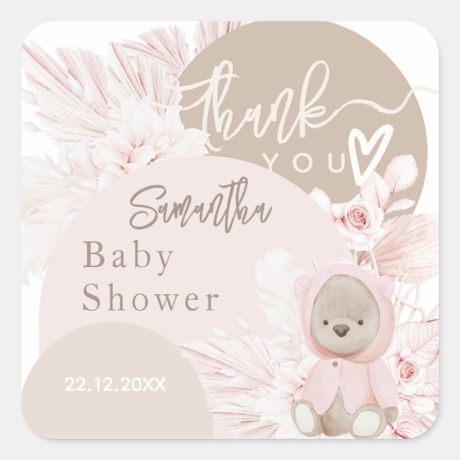 Teddy Bear Modern Boho Girl Baby Shower Thanks Square Sticker (Front)