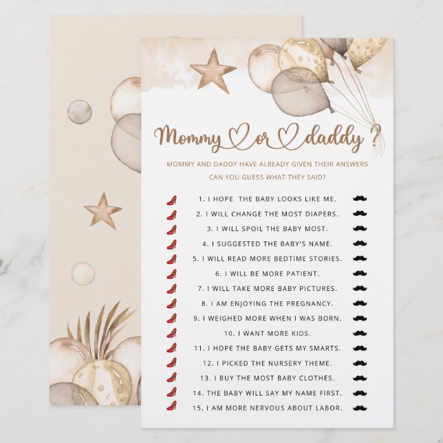 Teddy bear mommy or daddy baby shower game (Front/Back)