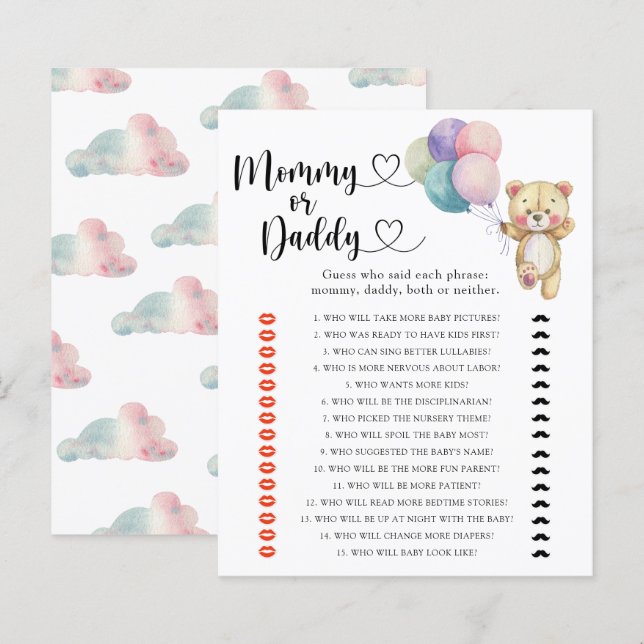 Teddy bear - mommy or daddy baby shower game (Front/Back)