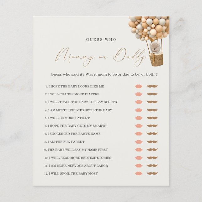 Teddy Bear Mommy or Daddy Baby Shower Game (Front)