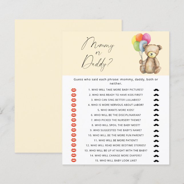 Teddy Bear - mommy or daddy baby shower game (Front/Back)