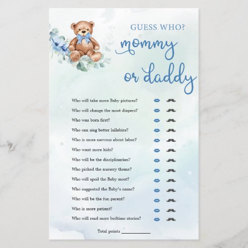 Teddy Bear Mommy or Daddy Boy Baby Shower Game