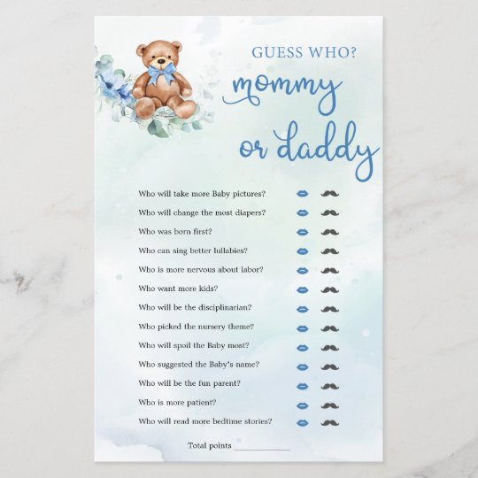 Teddy Bear Mommy or Daddy Boy Baby Shower Game | Zazzle.com