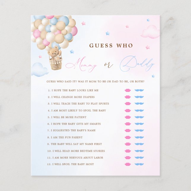 Teddy Bear Mommy or Daddy Gender Reveal Game (Front)