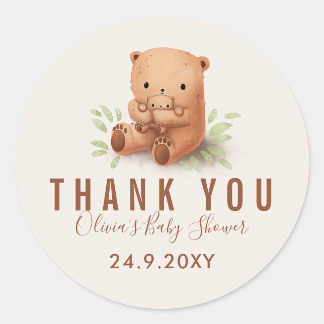 Teddy Bear Mommy with Baby Shower Thank You Classic Round Sticker (Front)