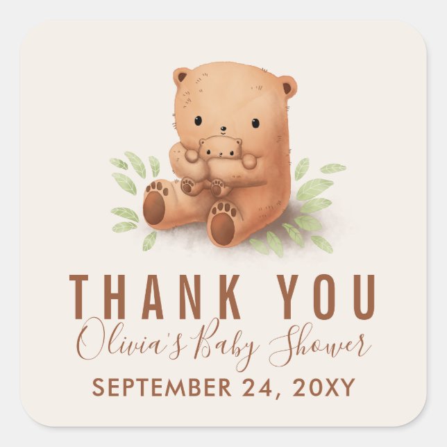 Teddy Bear Mommy with Baby Shower Thank You Square Sticker (Front)