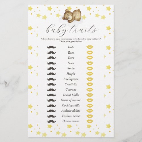 Teddy Bear Moon and Stars Baby Traits Game Flyer