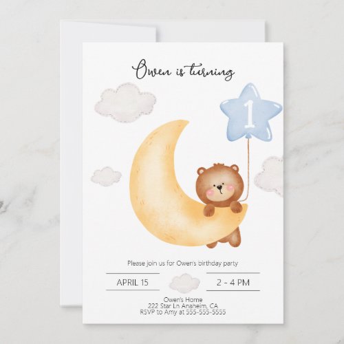 Teddy Bear Moon and Stars blue balloon Birthday  Invitation