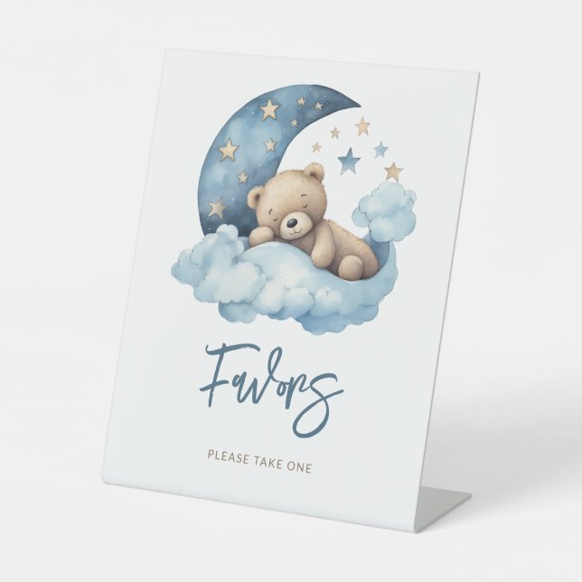 Teddy Bear Moon Baby Shower Favors Pedestal Sign (Front)