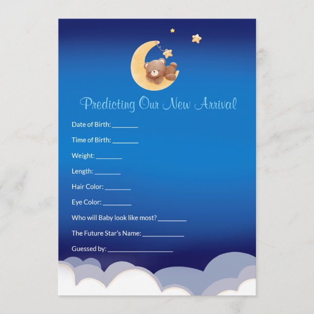 Teddy Bear Moon Baby Shower Prediction  Note Card (Front)