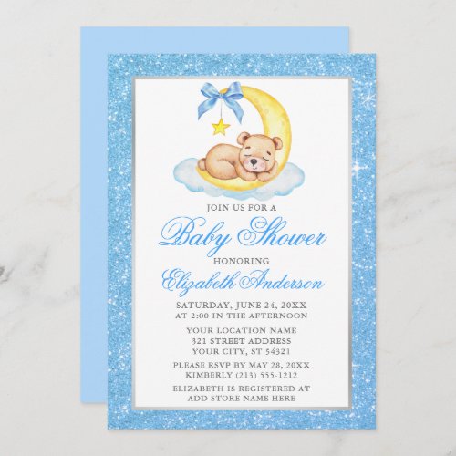 Teddy Bear Moon Blue Glitter Baby Shower Invitation