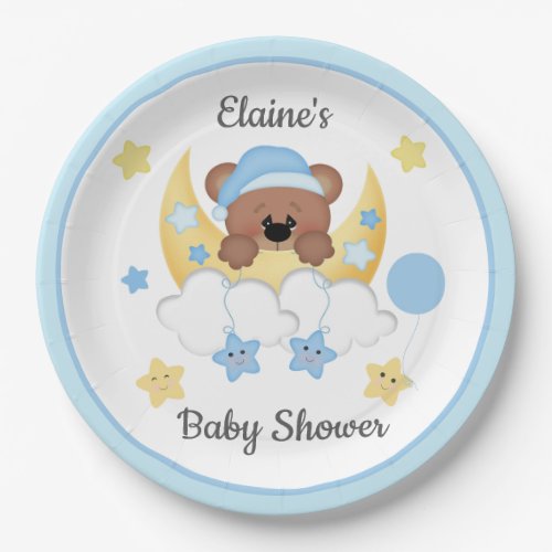 Teddy Bear Moon Clouds Stars Baby Boy Shower Paper Plates