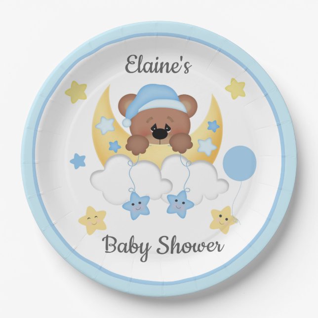 Teddy Bear Moon Clouds Stars Baby Boy Shower Paper Plates (Front)