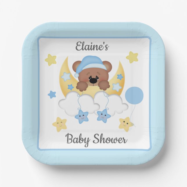 Teddy Bear Moon Clouds Stars Baby Boy Shower Paper Plates (Front)